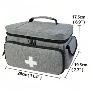 Grey portable first aid storage bag home medical tool bag with dimensions 29x19.5x17.5cm