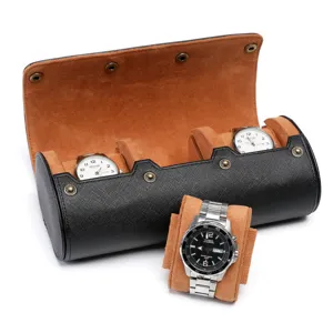 Luxe 3-slots horloge etui, zwarte lederen horlogedoos opbergdoos met zachte suède binnenkant.