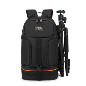 Waterproof camera backpack with dual storage, side access and tripod holder for outdoor use.