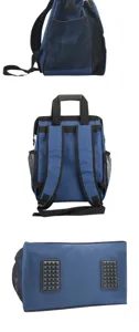 Detailed view of durable blue tool backpack with side mesh pockets and protective base feet.