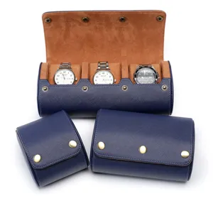 Blauwe PU lederen horloge rol reisetui opbergdoos organizer voor meerdere horloges