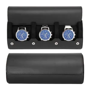 Estuche de viaje portátil para 3 relojes, caja de almacenamiento de cuero PU negro con botón.