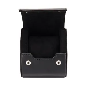 Caja de reloj portátil de ranura única con interior de terciopelo y botones de presión metálicos.