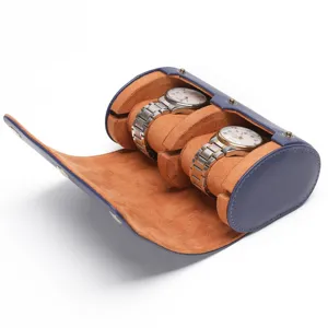 Horloge etui rol voor twee horloges, blauw PU leer buitenkant met zachte oranje fluwelen voering.