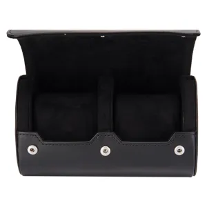 Estuche de viaje portátil de cuero negro para relojes con dos ranuras y suave forro de terciopelo.