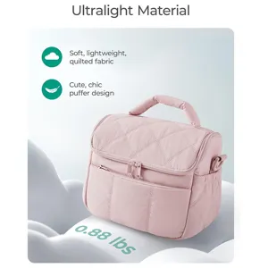 Roze gewatteerde lunchtas, ultralichte puffer picknickhandtas, draagbare koeltas.