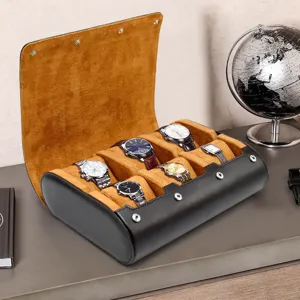 Large capacity 6 slot watch box black leather storage organizer with removable pillows.