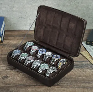 Scatola portaorologi vintage in pelle marrone 12 posti con cerniera per viaggi e collezione