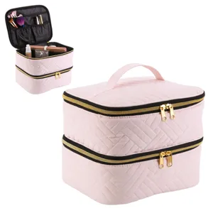 Portable Double Layer Velvet Makeup Bag Travel Cosmetic Organizer Nail Polish Storage Bag With Mirror And Brush Slots