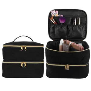 Black velvet double layer makeup bag portable nail polish storage cosmetic organizer