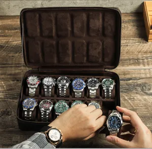 Scatola per orologi in pelle vintage 12 scomparti dettaglio design interno pulito.