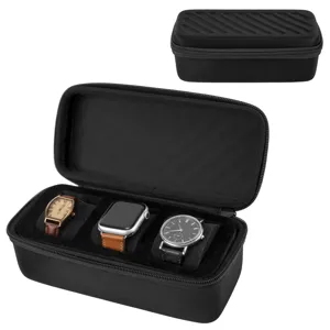Etui de voyage portable pour 3 montres avec coque rigide et interieur en velours doux.