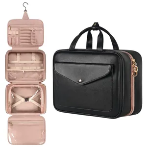 Bolsa de aseo de viaje multifuncional para colgar con varios compartimentos de maquillaje.