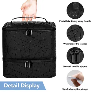 Dubbellaagse zwarte geometrische nagellak opbergtas met handvat en waterdicht PU-leder.