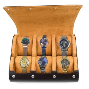 6-slot watch storage box with brown leather exterior and velvet interior holding watches.