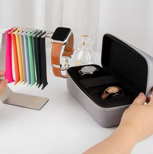 Edelstahl Apple Watch Armband Ständer mit bunten Silikonbändern und praktischer Uhrenbox.