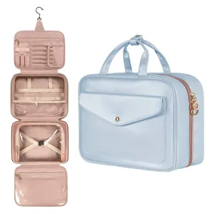 Bolsa de aseo de viaje colgante con múltiples compartimentos, organizador de maquillaje.