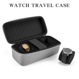 Étui de voyage pour montre à trois fentes, coque rigide, boîte de rangement portable grise.