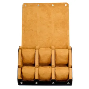 6-slot watch box storage case with removable pillows, brown suede and black leather design.