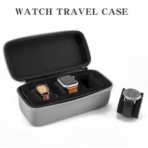 Étui de voyage gris à 3 fentes pour montre, boîte de rangement rigide zippée portable