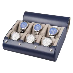 Premium 6-slot leather watch box storage case with blue finish and soft pillows for collection.