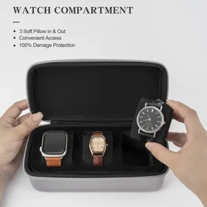 Boite de rangement pour montre de voyage portable a 3 fentes avec fermeture eclair et coussins.