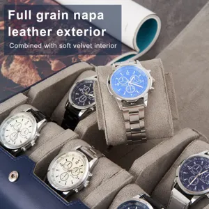 6-slot luxury leather watch storage box with soft velvet interior for mechanical watches.
