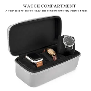 Boîte de rangement rigide zippée pour étui de voyage de montre portable à 3 fentes.