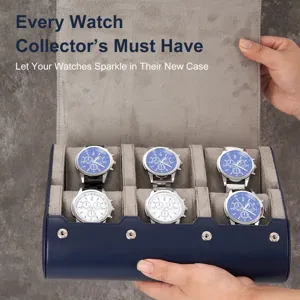 Large capacity 6 slot watch storage box with leather exterior and soft grey velvet interior for men.