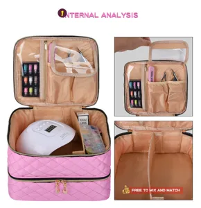 Roze gewatteerde dubbellaagse nagellak opbergtas cosmetische organizer met lampvakje voor nagels.