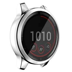 Gegalvaniseerde TPU smartwatch beschermhoes in glanzende zilveren afwerking voor ronde horloges.