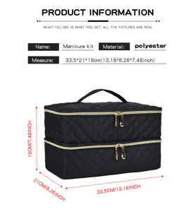Dubbellaagse zwarte gewatteerde cosmetische tas grote capaciteit reis make-up organizer etui.