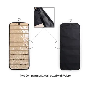 Détail de l'organisateur de bijoux suspendu double face avec poches transparentes velcro.