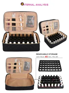 Zwarte gewatteerde nagellak opbergtas met 40 vakken, handige reistas cosmetica organisator.