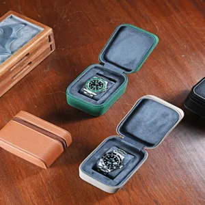 Echt lederen horloge reisetui draagbare rits horloge opbergdoos organizer groen bruin
