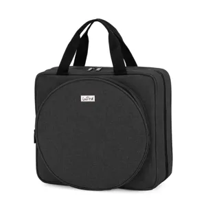 Gran bolsa de almacenamiento negra para herramientas de bordado con bolsillos y asas resistentes.