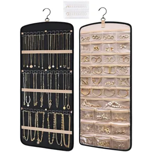 Organisateur de Bijoux Suspendu Double Face Portable Rouleau Tissu Oxford Sac de Rangement de Voyage avec Crochet Métallique