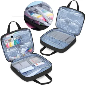 Vista detallada de la bolsa organizadora de bordado negra con compartimentos transparentes.