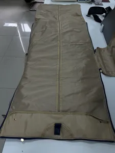 Beige suit garment bag detail showing central zipper closure and interior hanging storage system.