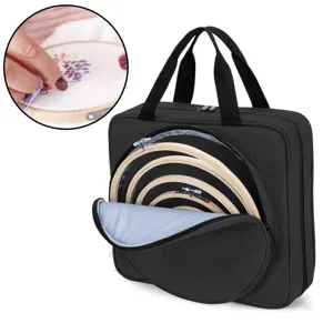 Detalle de bolsa de almacenamiento de bordado con bolsillo circular con cremallera y asa.