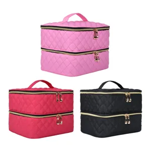 Dubbellaagse gewatteerde cosmetische tas make-up organizer reistas voor dames
