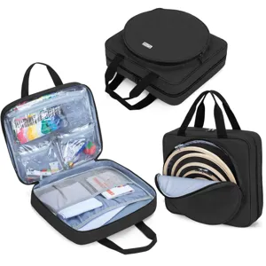 Gran bolsa de almacenamiento para bordado con múltiples compartimentos para hilos y aros.