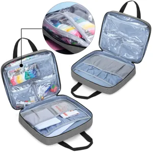Bolsa de almacenamiento grande para accesorios de bordado con compartimentos transparentes.