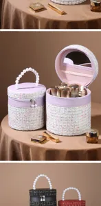 Luxe tweed cosmetische tas met parelhandvat, grote ronde make-up opbergdoos voor op reis.