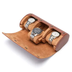 Prachtige 3-slots bruine lederen horloge rol reisetui opbergdoos met zachte voering.