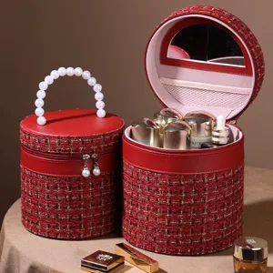 Lichte Luxe Tweed Cosmetica Koffer Grote Capaciteit Make-up Opslag Doos Met Parel Handvat Draagbare Toiletas Voor Vrouwen