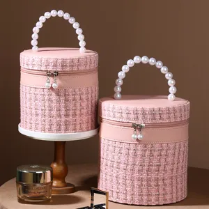 Elegante tweed cosmetische tas met parelhandvat, grote ronde make-up opslagdoos voor reizen.