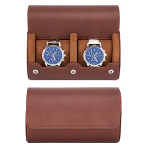 Caja de almacenamiento de reloj de cuero PU marron de 2 ranuras estuche de viaje portatil.