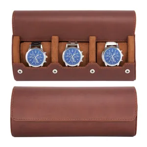 Estuche de cuero marron para reloj de viaje 3 ranuras caja organizadora de relojes.