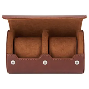 Estuche de viaje portátil para relojes de cuero marrón con 2 ranuras y forro de ante suave.